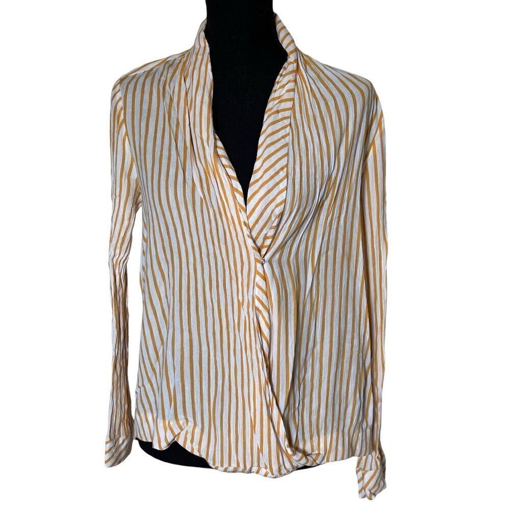 Forever 21 Wrap Front Long Sleeve White & Yellow Stripe Blouse Sz Medium